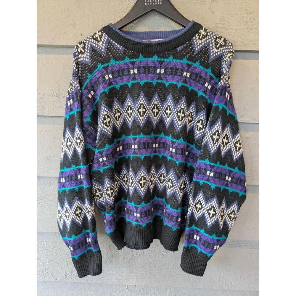 Vintage McGregor Sweater Mens Medium Black Geometric Knit Crewneck Pullover 90s